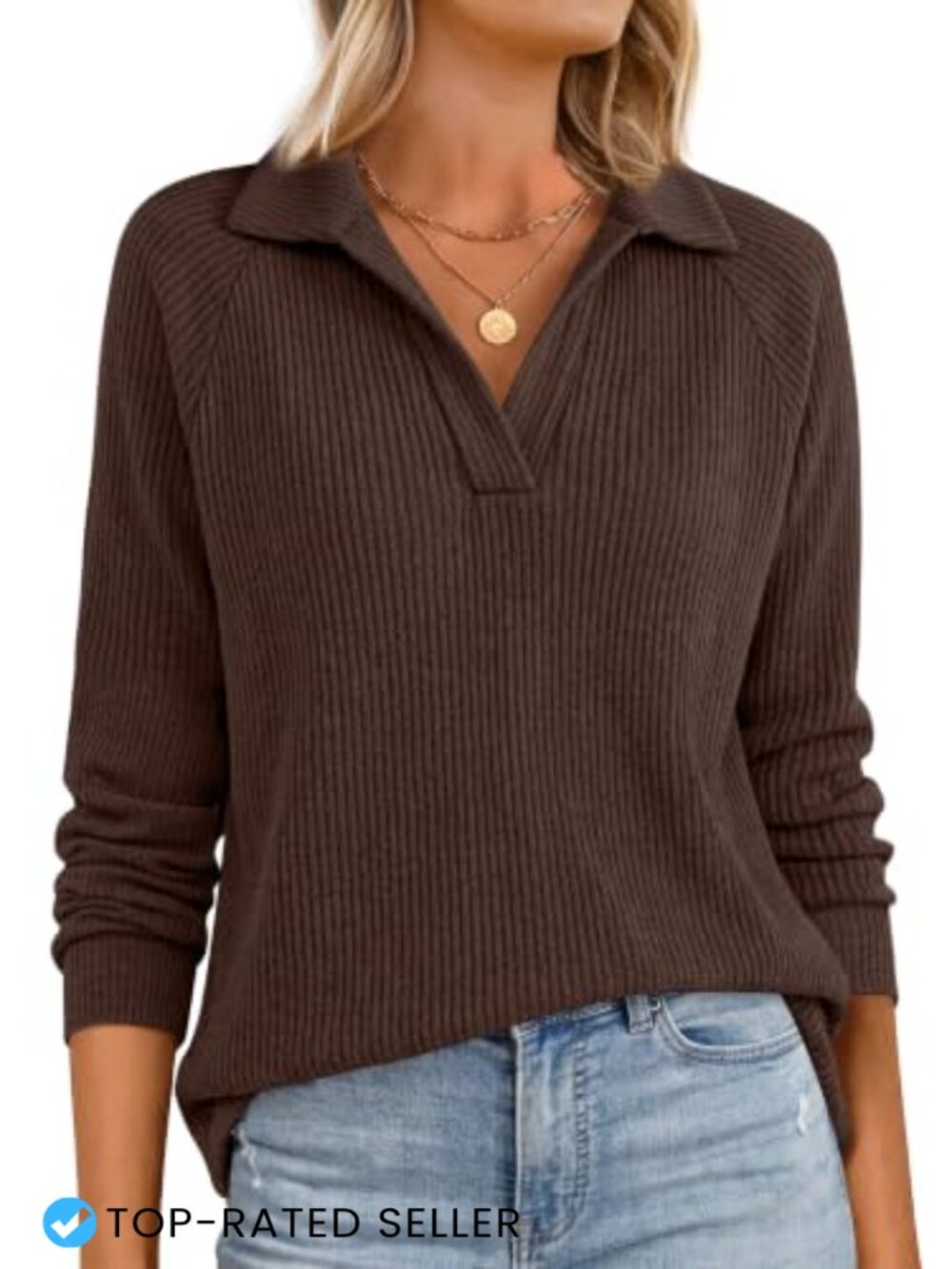 Women V Neck Long Sleeve Polo Shirt Ribbed Knit Fashion Top
